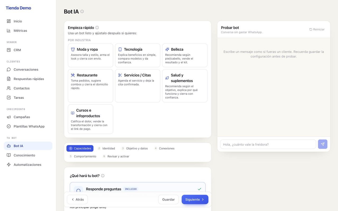 Bots listos por industria y panel Probar bot