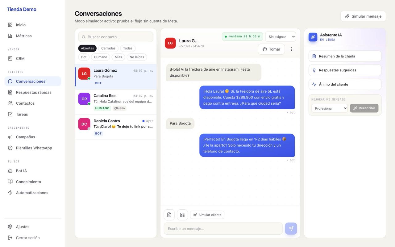 Bandeja de conversaciones con panel de asistente IA