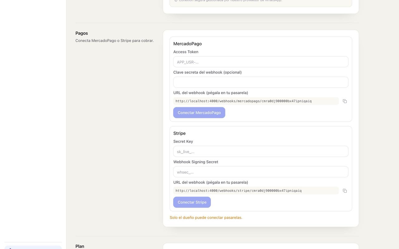 Conexión de MercadoPago, URL del webhook y Stripe