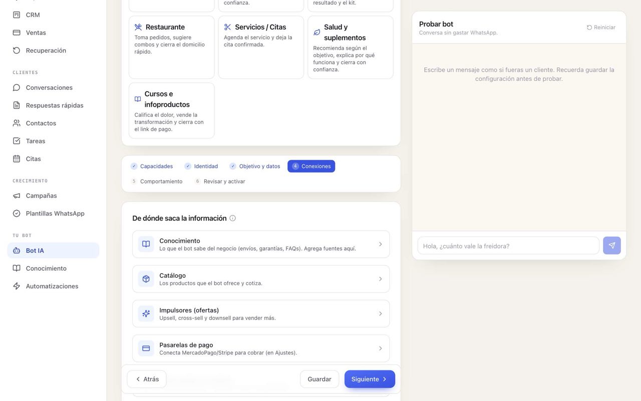 Conexiones: conocimiento, catálogo, impulsores, pagos, agenda