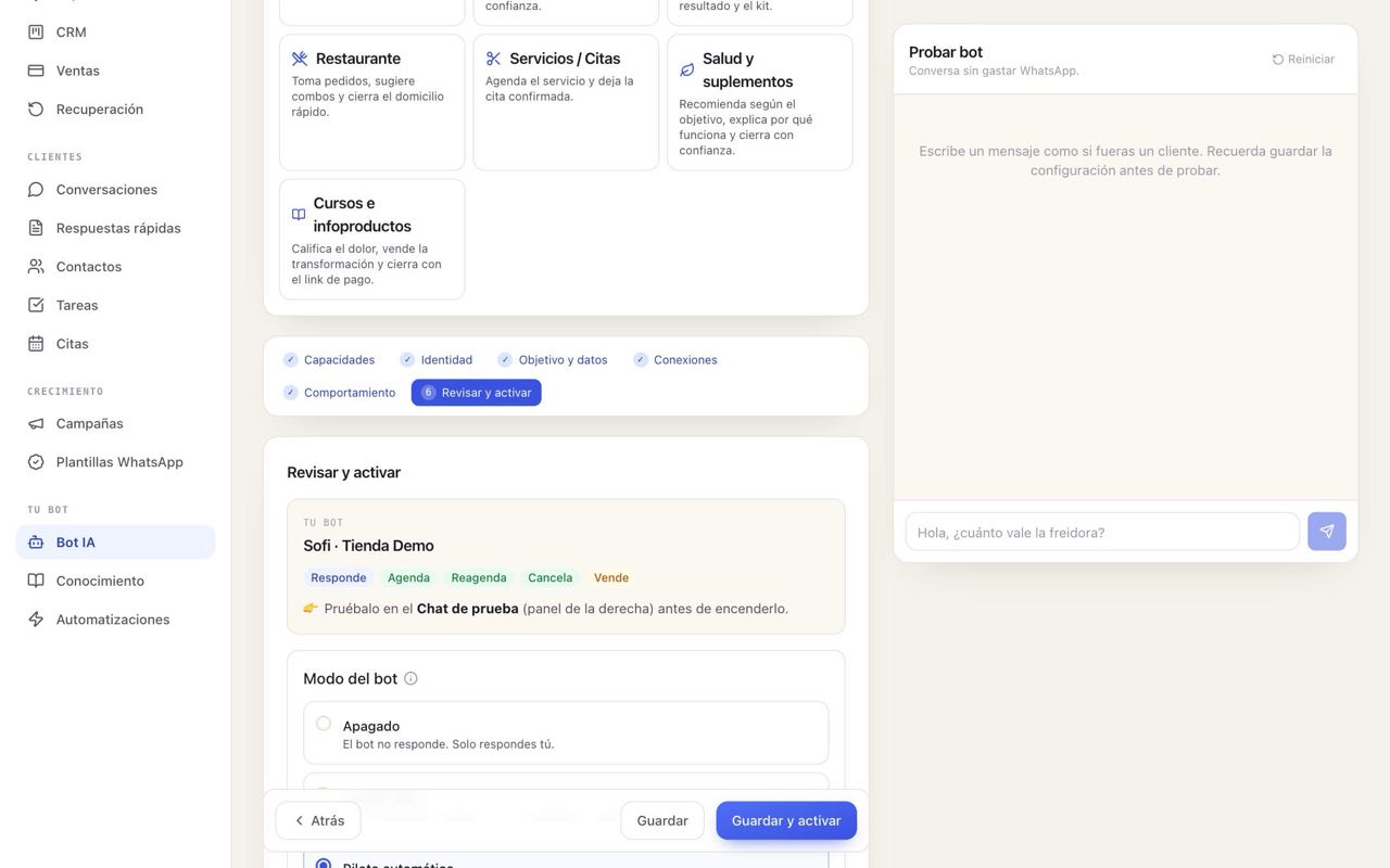 Resumen del bot y selección del modo de operación