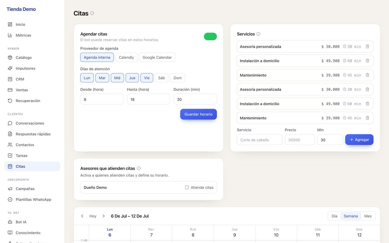 Panel de servicios con nombre, precio y duración