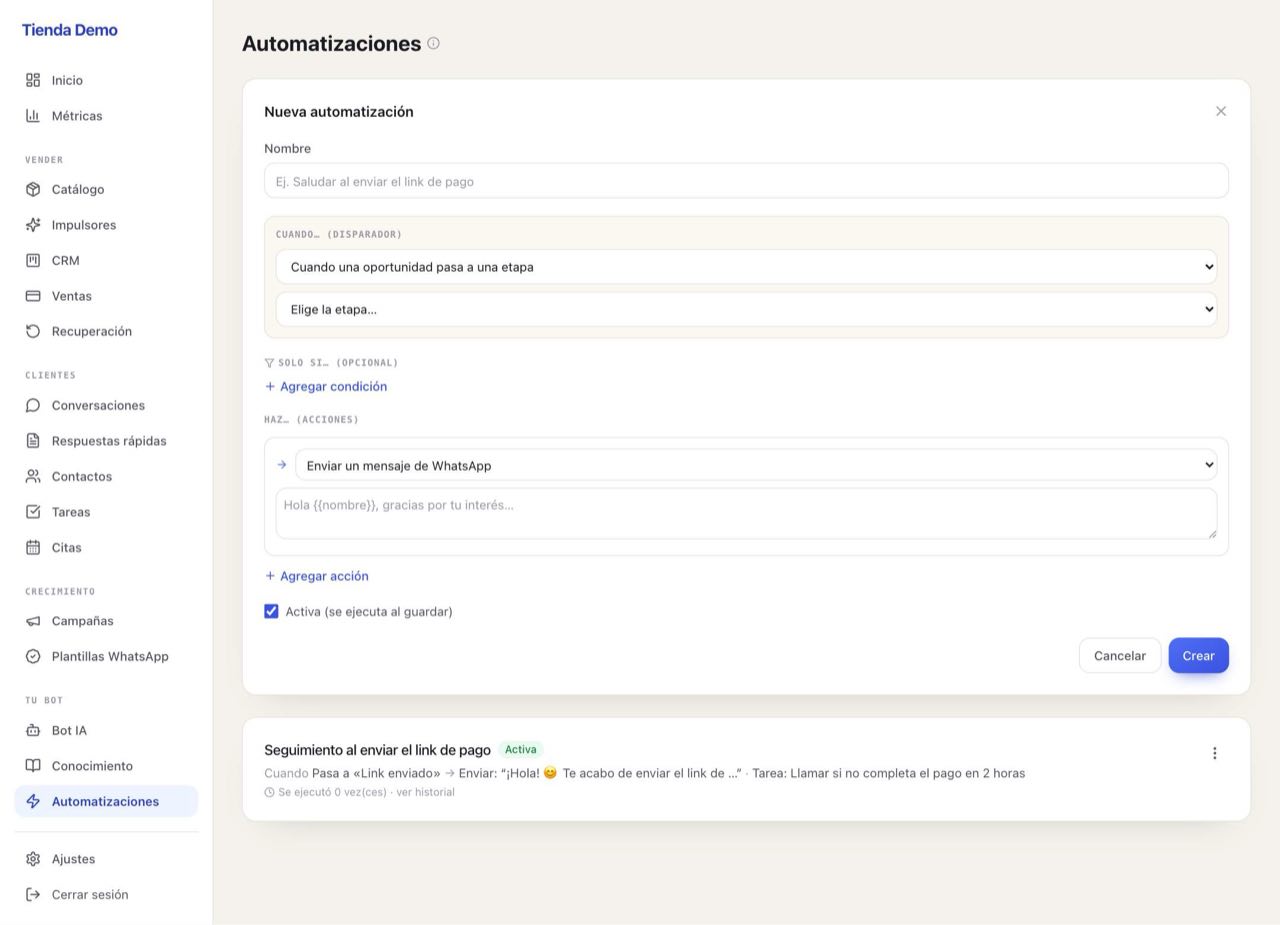 Formulario de automatización con disparador, condición y acción